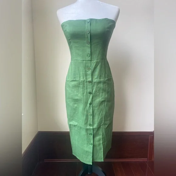 New Reformation Prescott Linen Dress In Palm Green - Picture 2 of 9